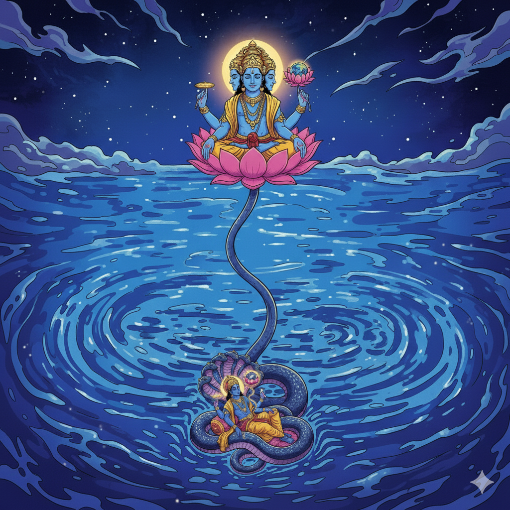 Brahma sprouts from Vishnu's navel. A scene from Devi Bhagata Purana