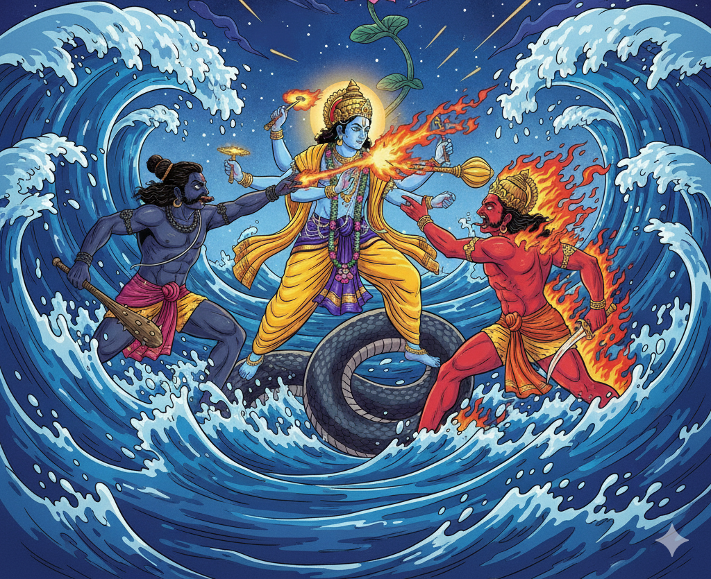 Vishnu confronts Madhu and kaitabha and the war lasts 5000 years