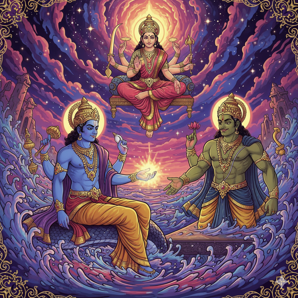 Madhu and Kaitabha distracted by Devi Mahamaya