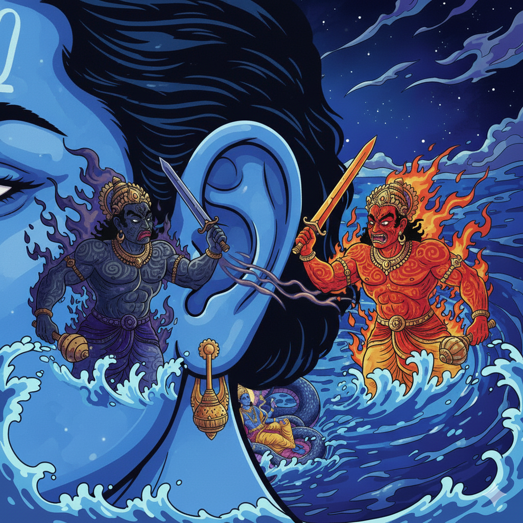 Madhu and Kaitabha birth from Vishnu's ear wax