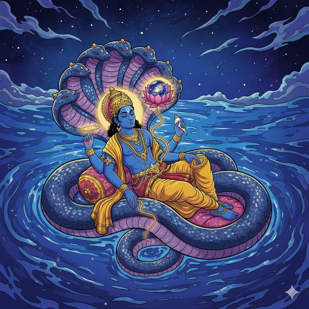 Vishnu in Yoganidra floating on Ekarnava before the birth of Madhu and Kaitabha. A scene from Devi Mahatmyam