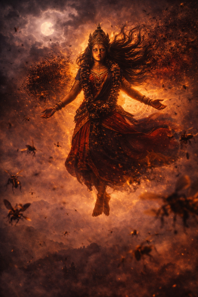 Bhramari — the name comes from Bhramara, meaning bee. She is the Goddess of Bees, the Goddess of Black Bees. The one who is like the black bee. The one from whom the swarm is born.