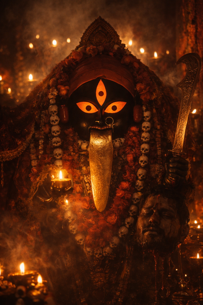 The Kalighat Kali Maa of Kolkata has three eyes and one long lolling tongue made of gold.