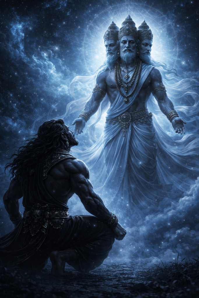 Arunasura. Unlike most demons in our stories — the loud ones, the ones who wage war first and think later — Arunasura was patient. Terrifyingly patient. He sat on the banks of the Ganga in the Himalayas, closed his eyes, folded his legs, and simply did not move. Not for years. Not for decades. Not for what the texts call forty thousand years of the most severe penance ever attempted by any creature in any of the three worlds. Brahma gives boon to Arunasura.