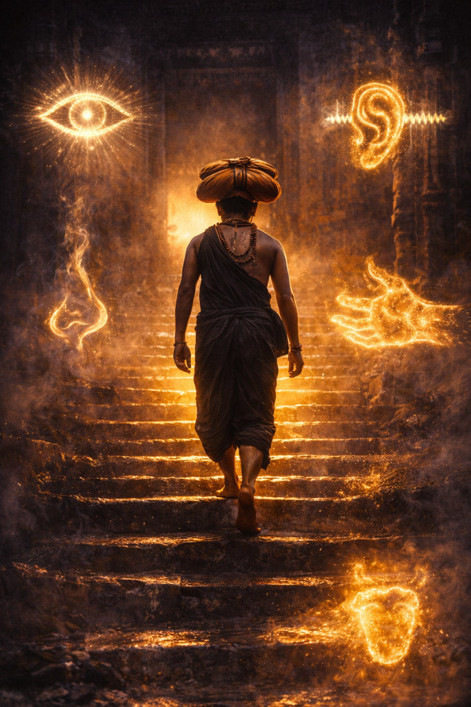 Climbing the 18 steps of Sabarimala symbolically conquers the 5 senses, 8 negative emotions, the 3 gunas and vidya and avidya.