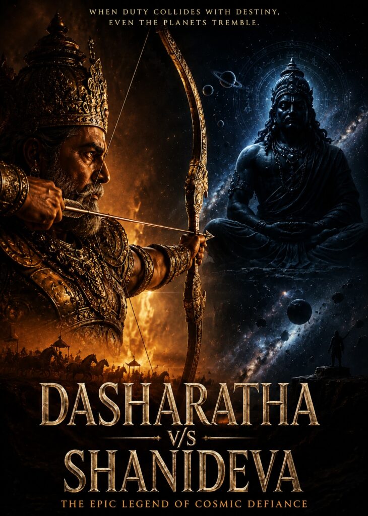 Dasharatha v/s Shanideva: The Epic Legend of Cosmic Defiance. King Dasharatha aims a bow at Shanideva in a cosmic setting