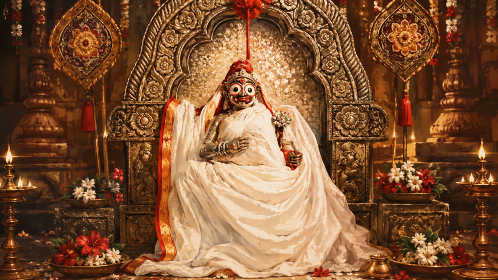 Hindu deity with large round eyes, draped in white cloth, seated on an ornate throne with oil lamps and flowers Bhudevi's menstruation festival celebration in Odisha culture