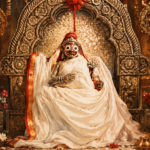 Hindu deity with large round eyes, draped in white cloth, seated on an ornate throne with oil lamps and flowers Bhudevi's menstruation festival celebration in Odisha culture