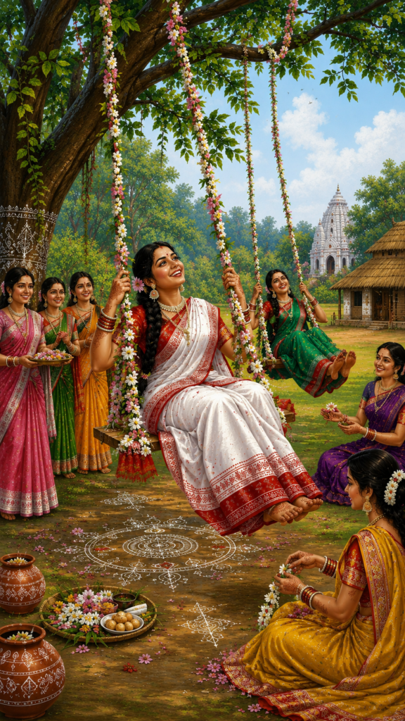 Raja Parba festival celebration in Odisha where women and girls sit on swings.