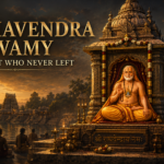 Sri Raghavendra Swamy seated in his ornate Brindavana at Mantralayam, surrounded by temple architecture, lamps and devotees beside the Tungabhadra River.