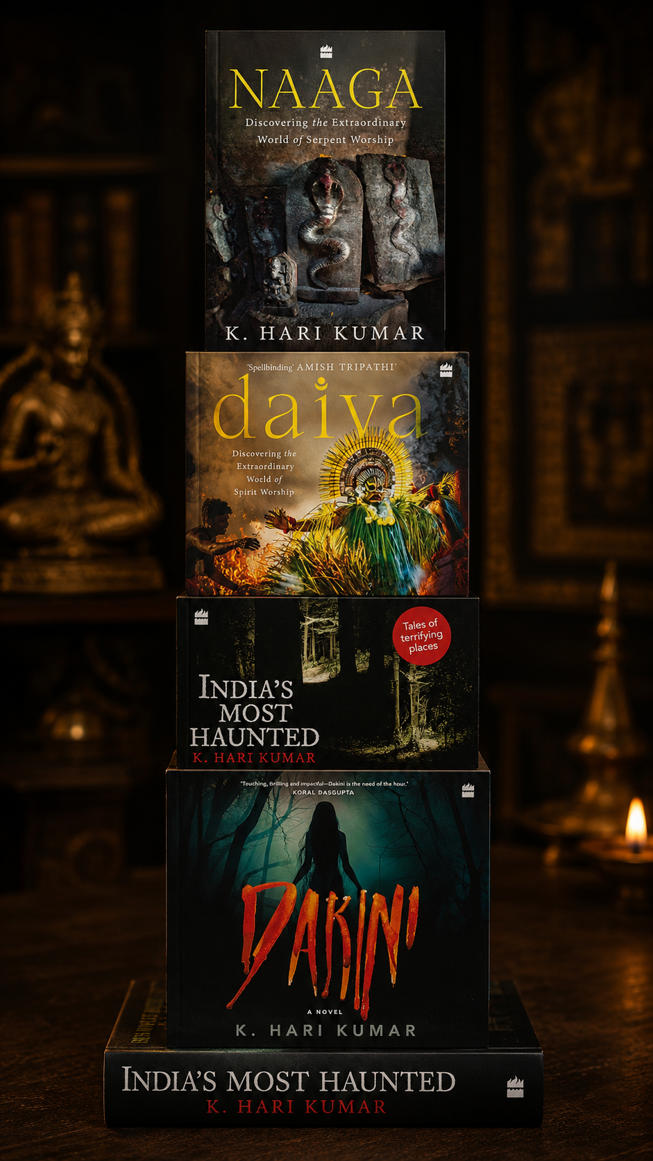 A collection of published books by bestselling author and screenwriter K. Hari Kumar featuring Daiva, Naaga, Dakini, and India's Most Haunted — covering Indian horror fiction, dark folklore, spirit worship, and real paranormal investigations.
