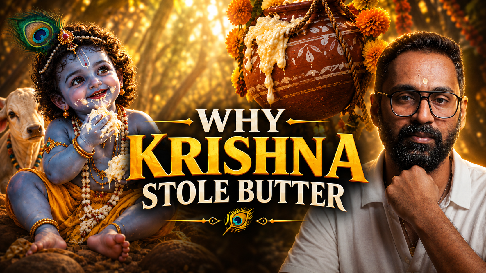 Why does Krishna steal butter? Discover the spiritual meaning behind Makhan Chor, Damodara, Dahi Handi and the butter symbolism in this beloved Krishna Janmashtami story.