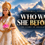 Goddess Shailaputri, the first form of the Navadurga, stands amidst the snow-covered Himalayas holding a trident and lotus. Revered as the daughter of the Mountain King and associated with the rebirth of Sati as Parvati, she is worshipped on the first day of Navratri as a manifestation of the Divine Mother, Shakti.