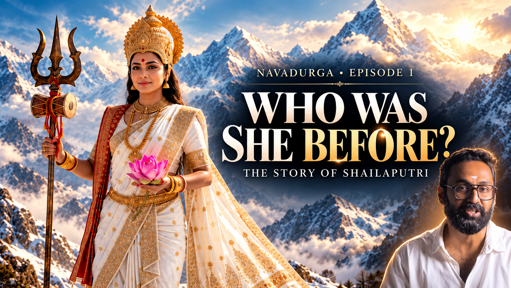 Goddess Shailaputri, the first form of the Navadurga, stands amidst the snow-covered Himalayas holding a trident and lotus. Revered as the daughter of the Mountain King and associated with the rebirth of Sati as Parvati, she is worshipped on the first day of Navratri as a manifestation of the Divine Mother, Shakti.